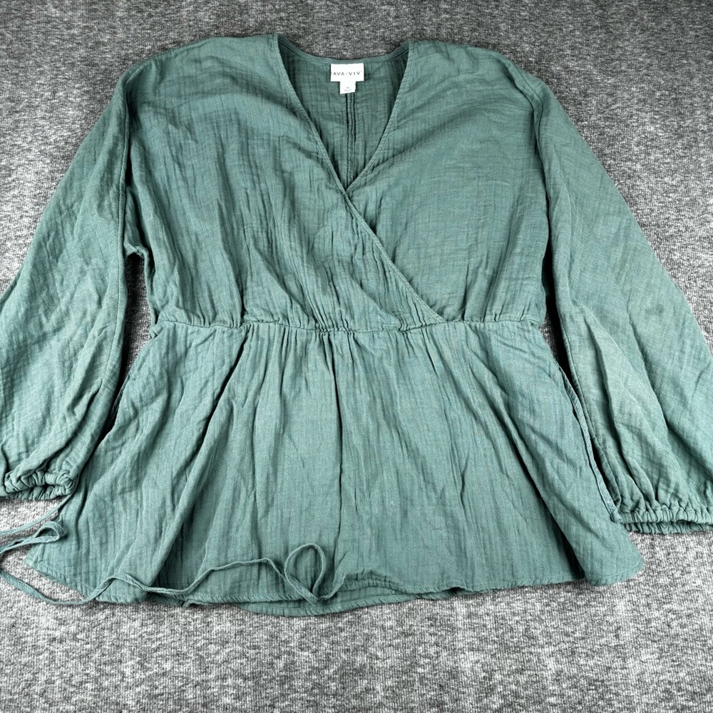 Ava & Viv Teal Long Sleeve Flowy Tie Waist Blouse Size 1X - Picture 1 of 5